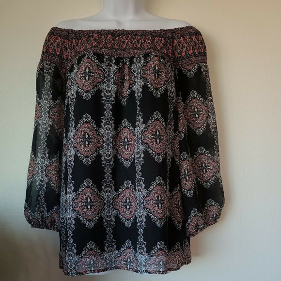 AB Studio Tops - AB Studio Tunic Boho Abstract Top Women's Medium Multicolored ¾ Balloon Sleeves